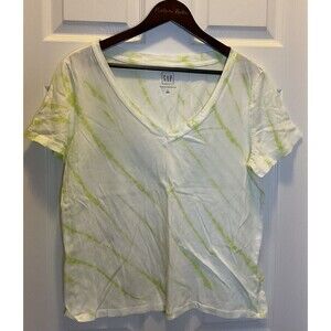 Gap Organically Grown Cotton Womens L Green White Tie Dye Short Sleeve Top VNeck